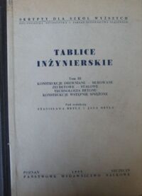 Miniatura okładki Bryl Stanisław, Bryl Jan /red./ Tablice inżynierskie. Tom III. Konstrukcje drewniane - murowane. Żelbetowe - stalowe. Technologia betonu. Konstrukcje wstępnie sprężone.